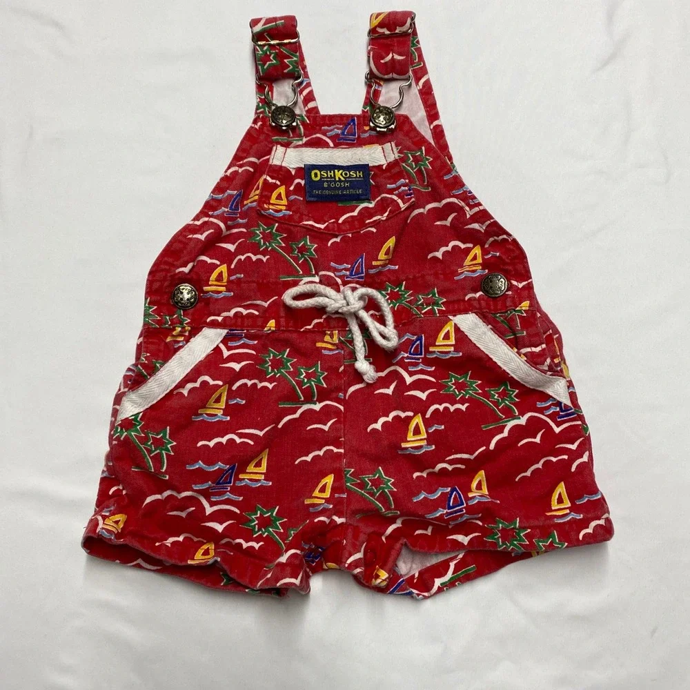 Vintage OshKosh Bgosh Red Nautical Sailboat Tropical Shortalls 12M Made in USA
